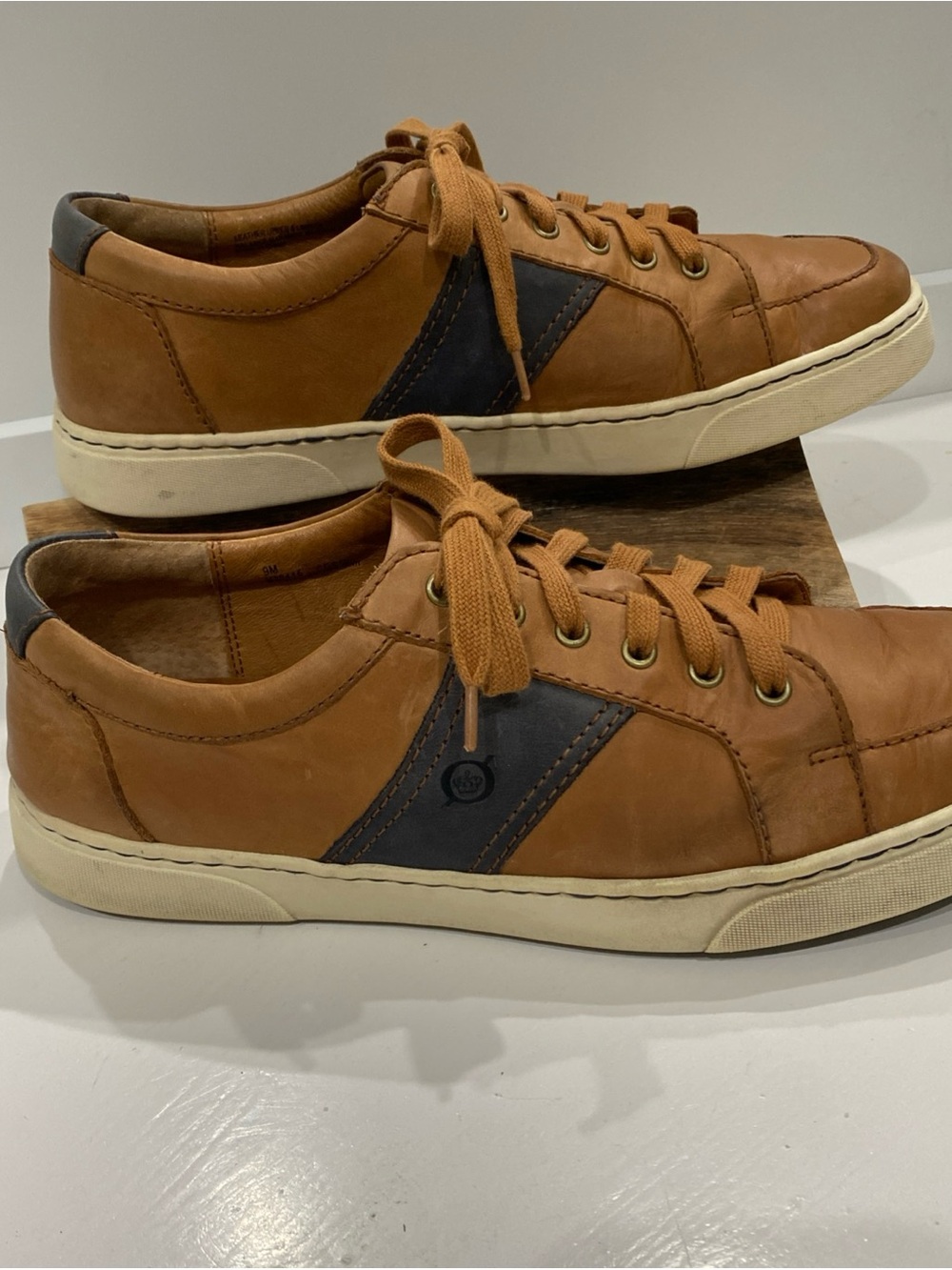 Born Men's Tan Leather Casual Sneakers with Navy Accent